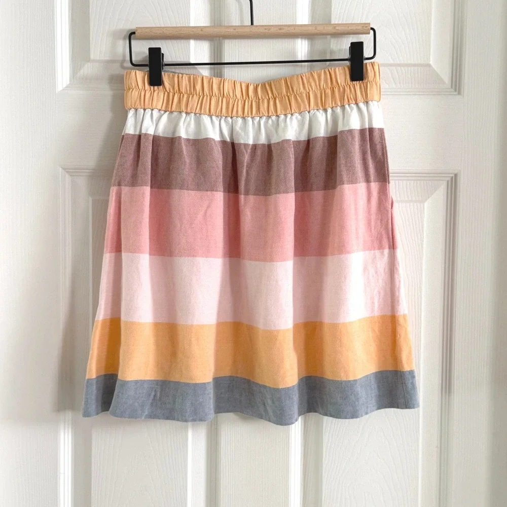 Loft Ann Taylor Striped Linen Blend Mini Skirt Orange Pink XS Pockets Elastic
